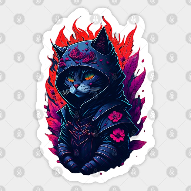 illustration face ninja cat fire focused on the character Sticker by masterpiecesai